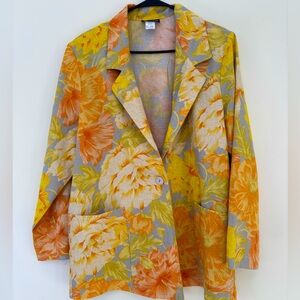 Vtg Caribou Blazer Floral Size L Linen Blend One Button Should Pads Retro